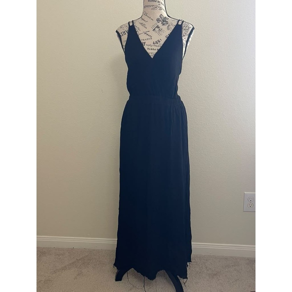 Lulus Black Strappy Open Back Gauze Maxi Dress Small Boho Raw Hem Chic Dark Goth